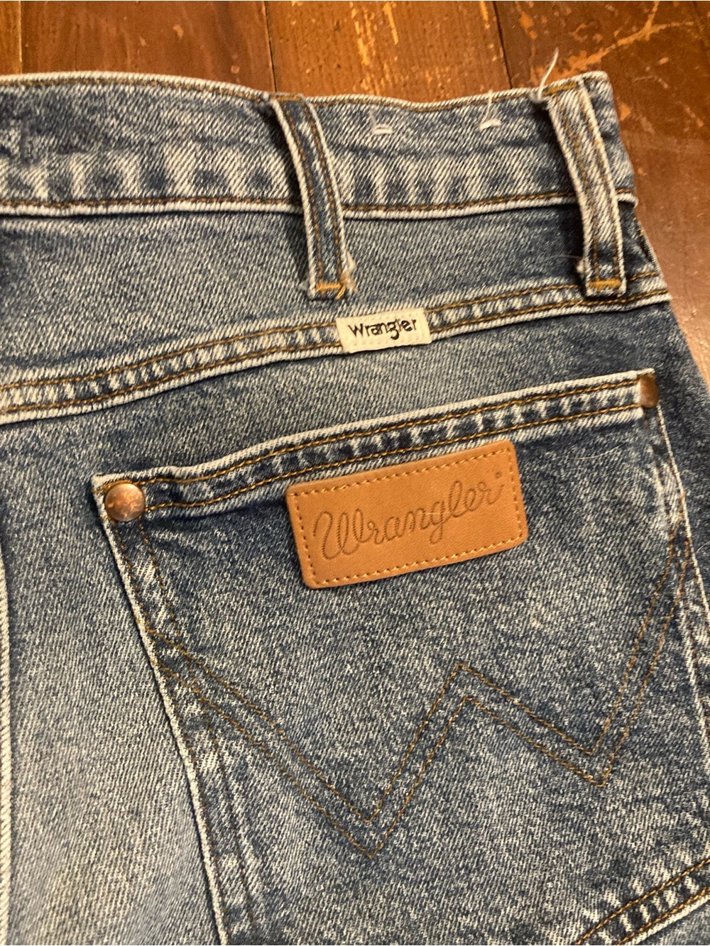 Wrangler Blue Denim Jeans with Tan Leather Patch